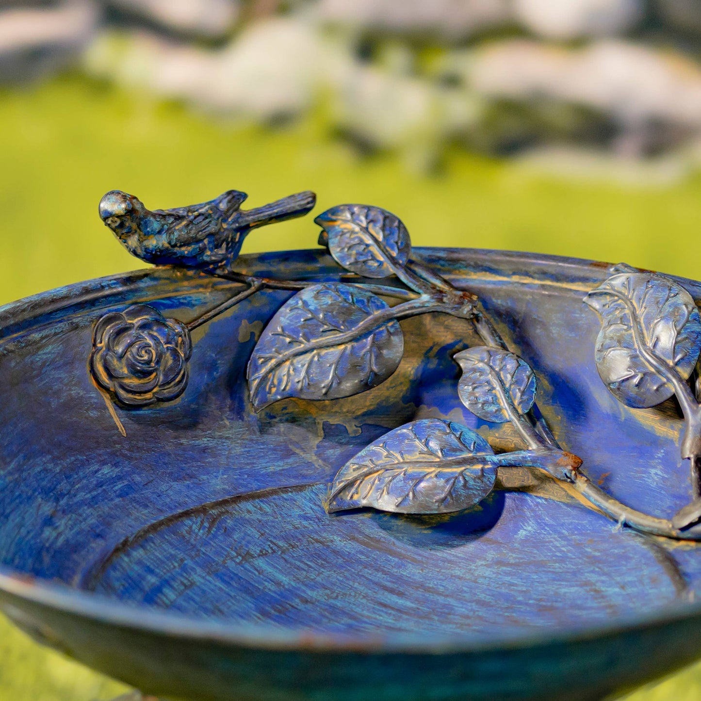 30.7" Tall Round Iron Birdbath with Rose & Bird Accents