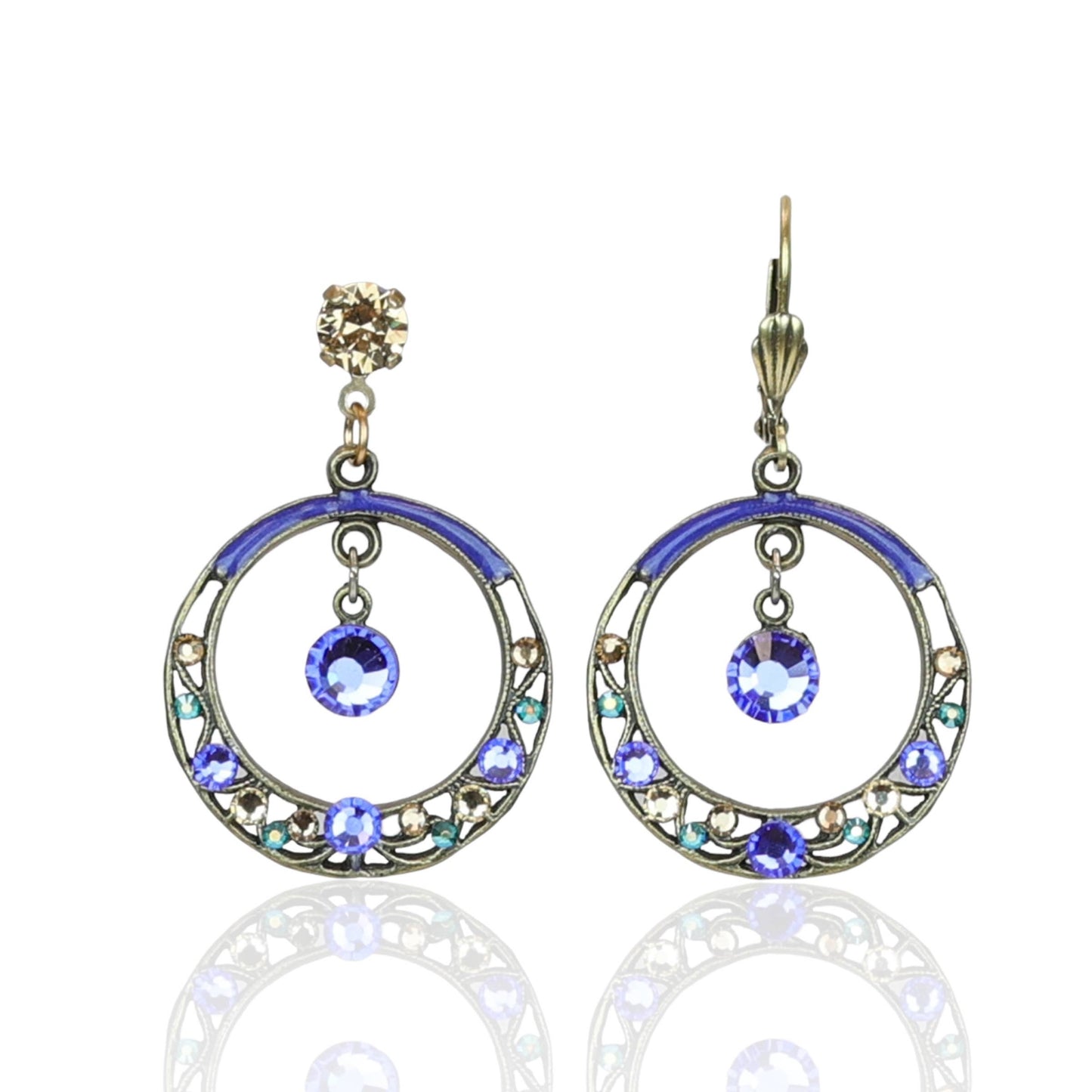 Filigree Hoop Green Purple and Brown Crystal Drop Earrings