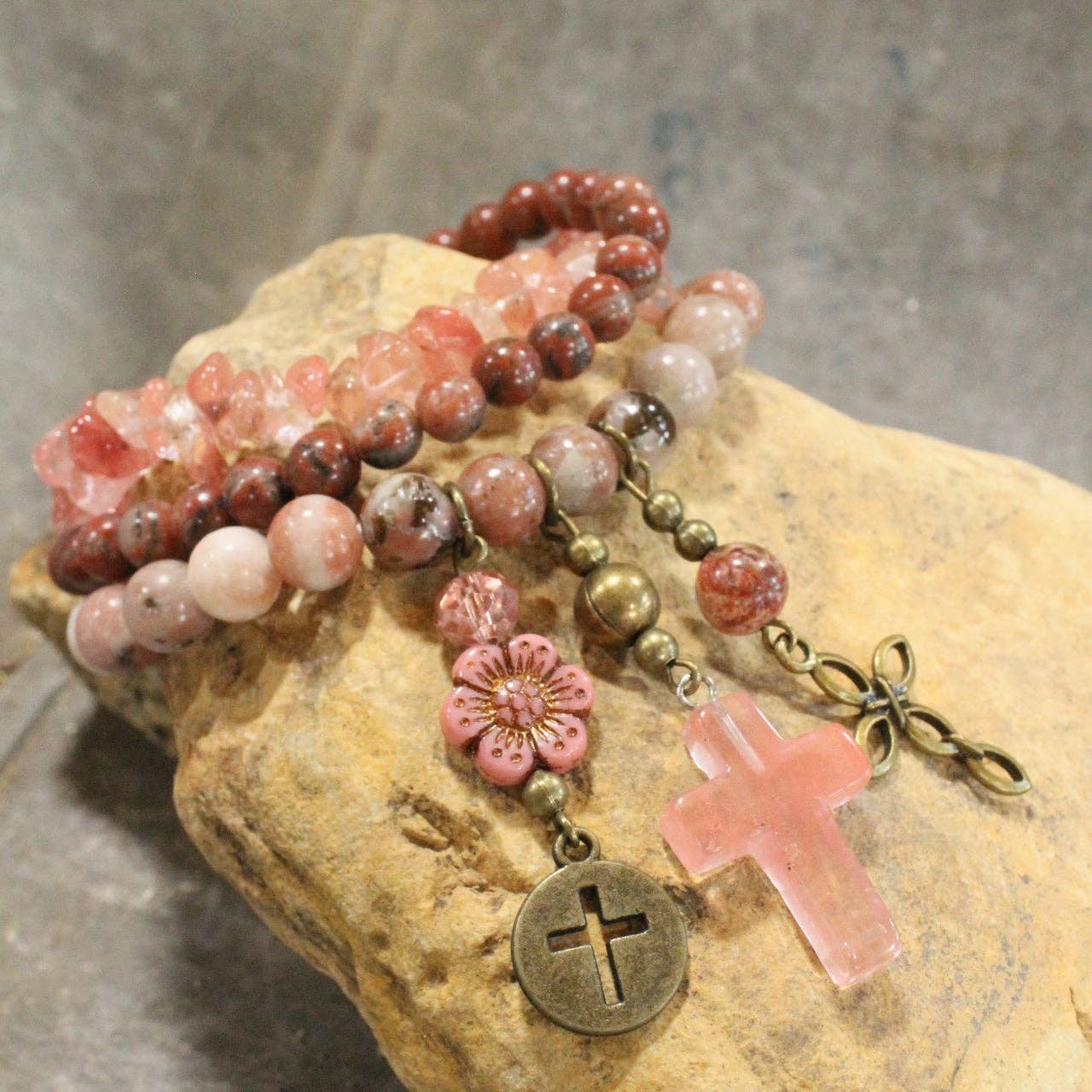 Stone, & Glass Cross Dangle Bracelet Set