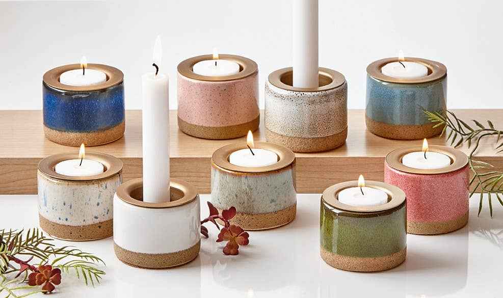 Glazed Tealight Taper Holder Light Blue Stoneware