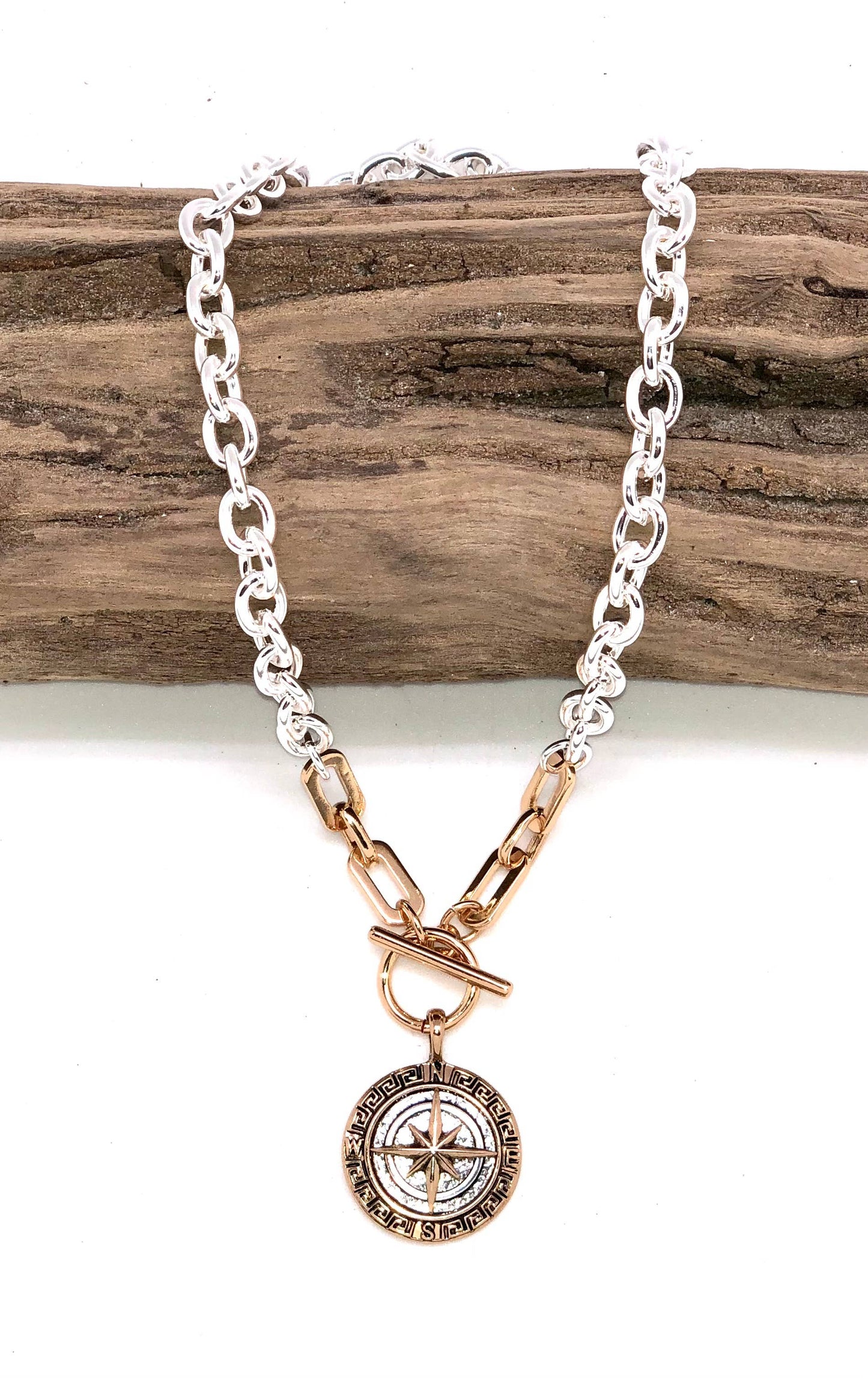 Necklace Alloy Plated Silver Link Chain w/Compass Drop 18”