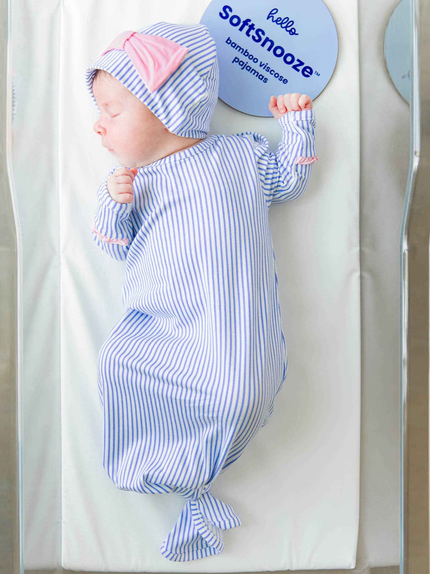 SoftSnooze™ Baby Girls Bamboo Viscose Periwinkle & White Micro Stripe Ruffle Knotted Sleep Gown & Bow Hat Set
: Blue / Newborn-3m