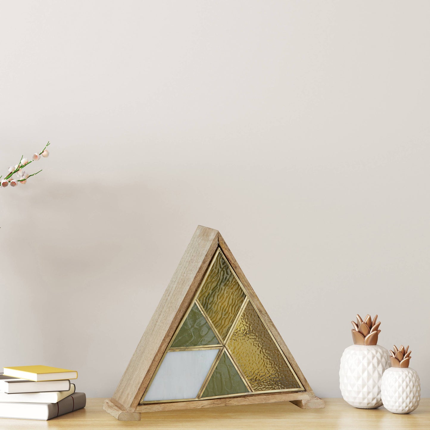 11"H Stained Glass Triangle Shade Wood Base Accent Lamp