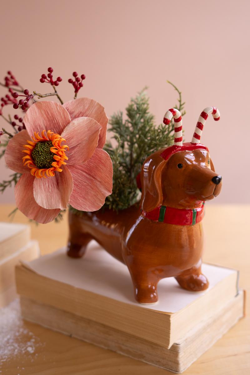 Ceramic Christmas Dachshund Planter with a Candy Cane Headband, A glossy ceramic dachshund planter wearing a painted candy cane headband.