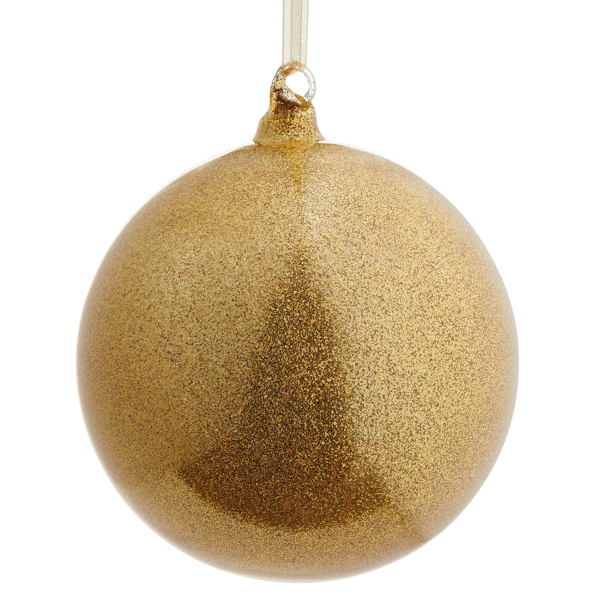 Champagne Glitter Ball Ornament, A round glass ornament fully coated in fine champagne gold glitter.
