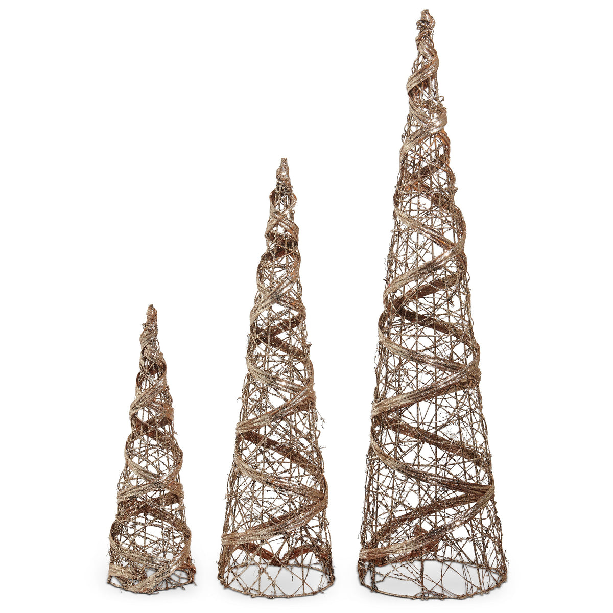 Champagne Vine Wrapped Cone Tree, Small, medium and large open cone-shaped trees side by side, made of a vine and wire lattice wrapped in spiraling champagne gold glitter bands.