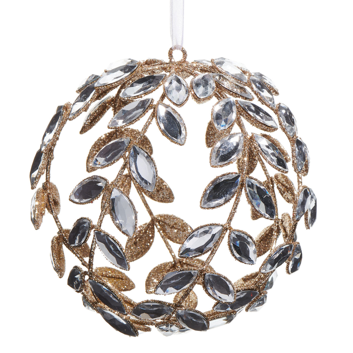 Clear Jeweled Vine Ball Ornament, A clear ball ornament made of a wire vine set with faceted clear stones.