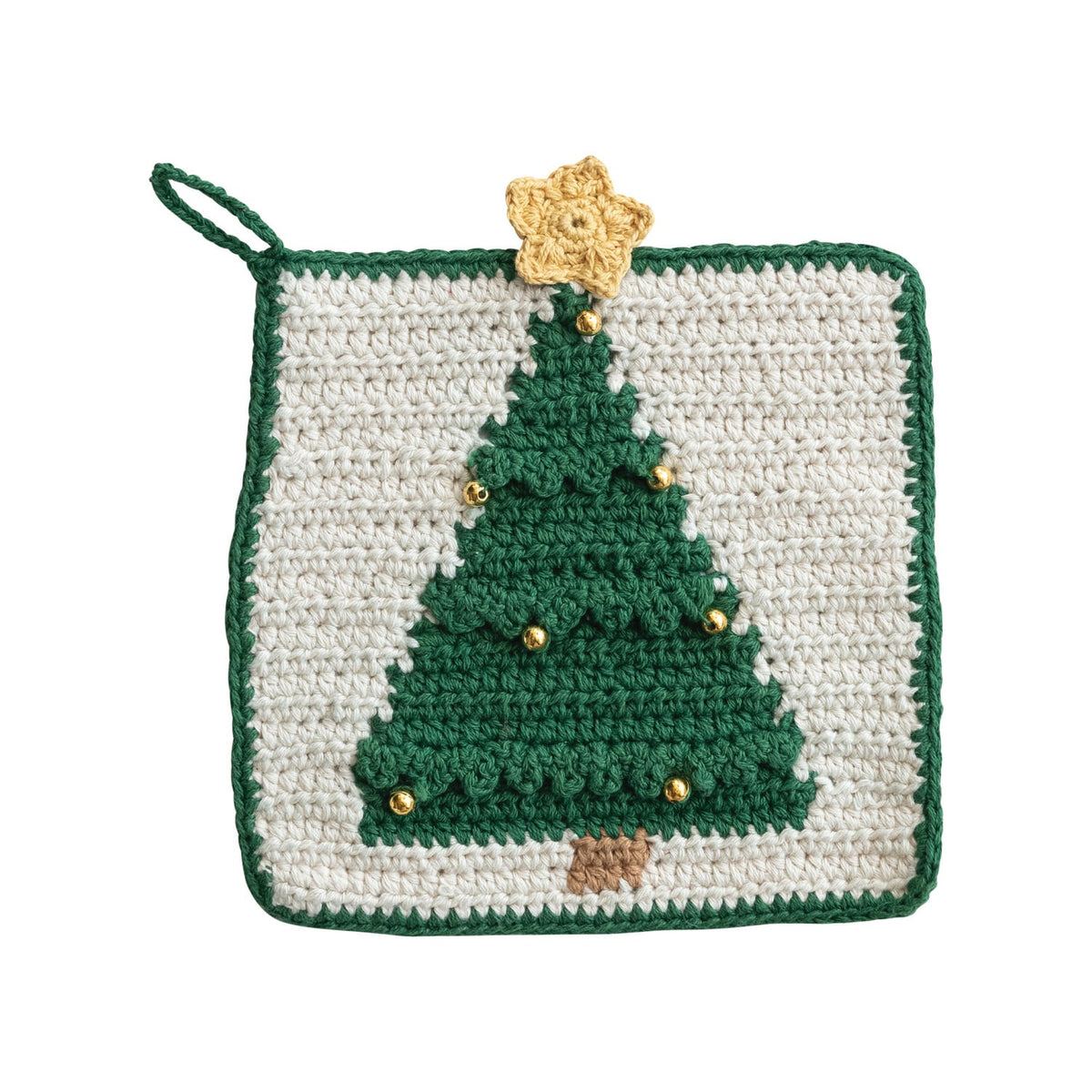 Crocheted Christmas Tree Pot Holder with Gold Beads, A square crocheted pot holder in cream with a green border, a green Christmas tree with gold beads, a yellow crocheted star on top and a hanging loop.