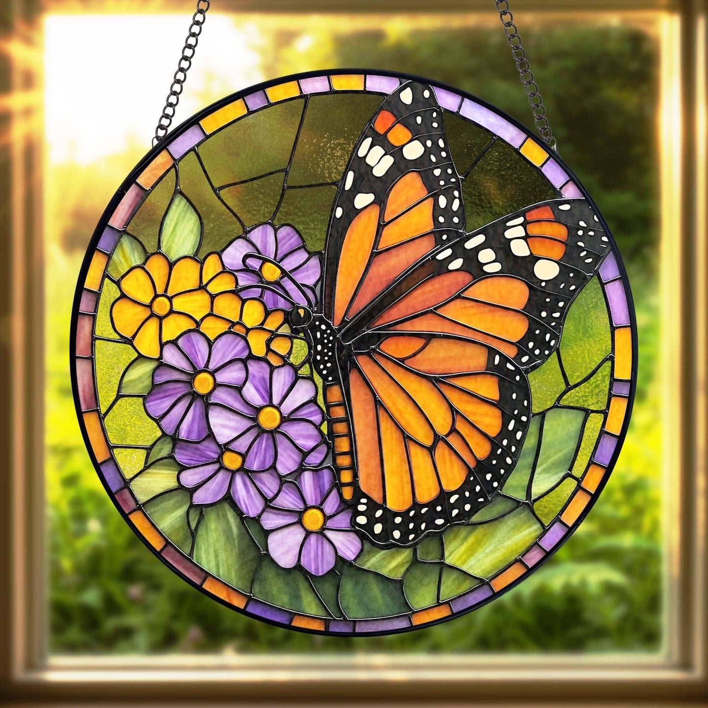 Monarch Butterfly Stained Glass Suncatcher, Flowers Ornament