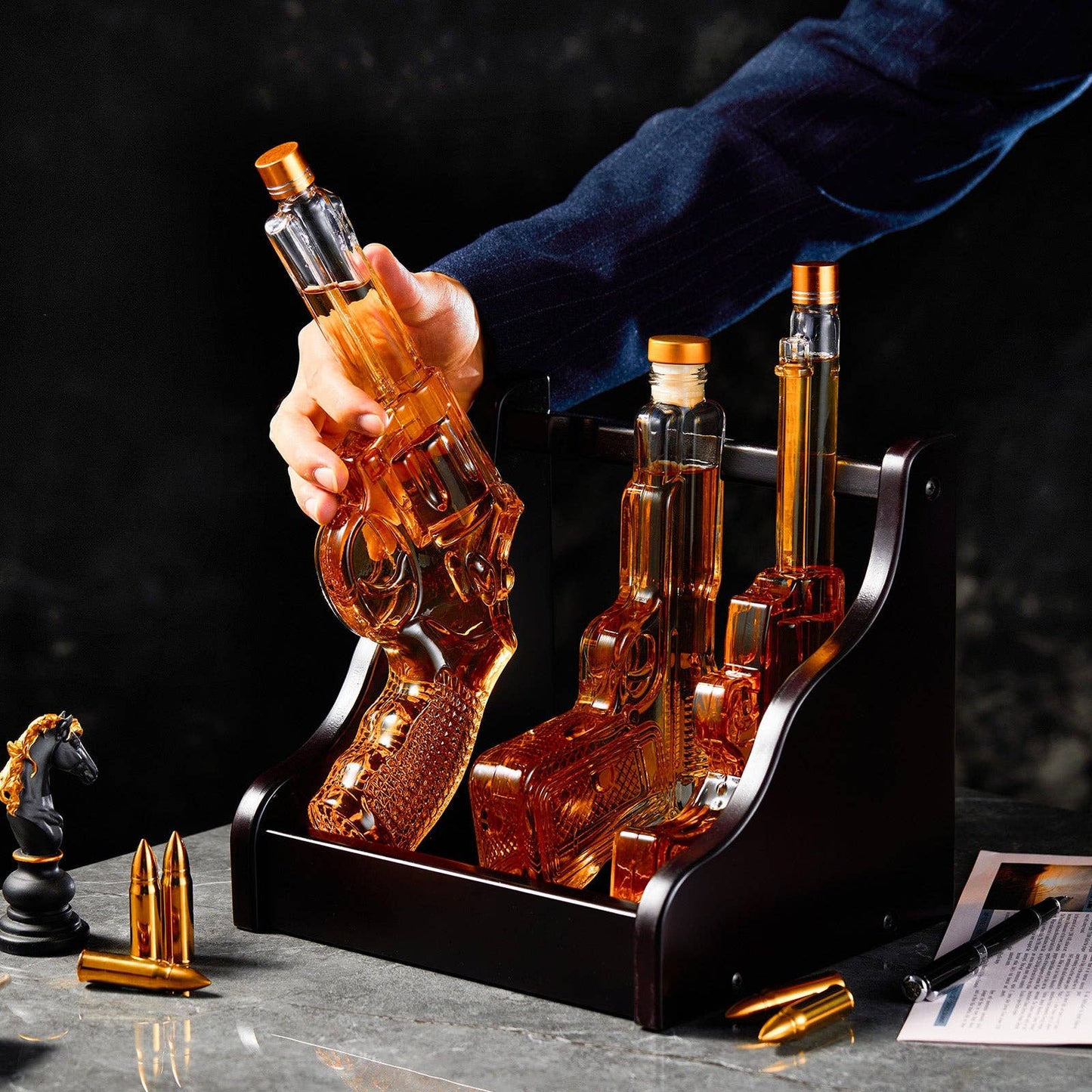 CRAFTGEN - 3 Gun Whiskey Decanter Set - Gift Ideas for Men Husband Dad
