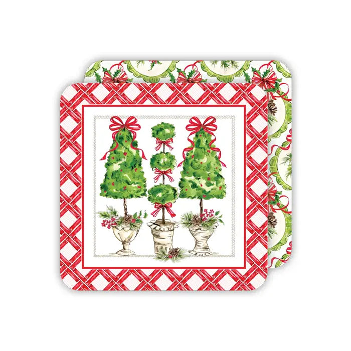 Topiaries with Pine Cones and Bows Square Coaster