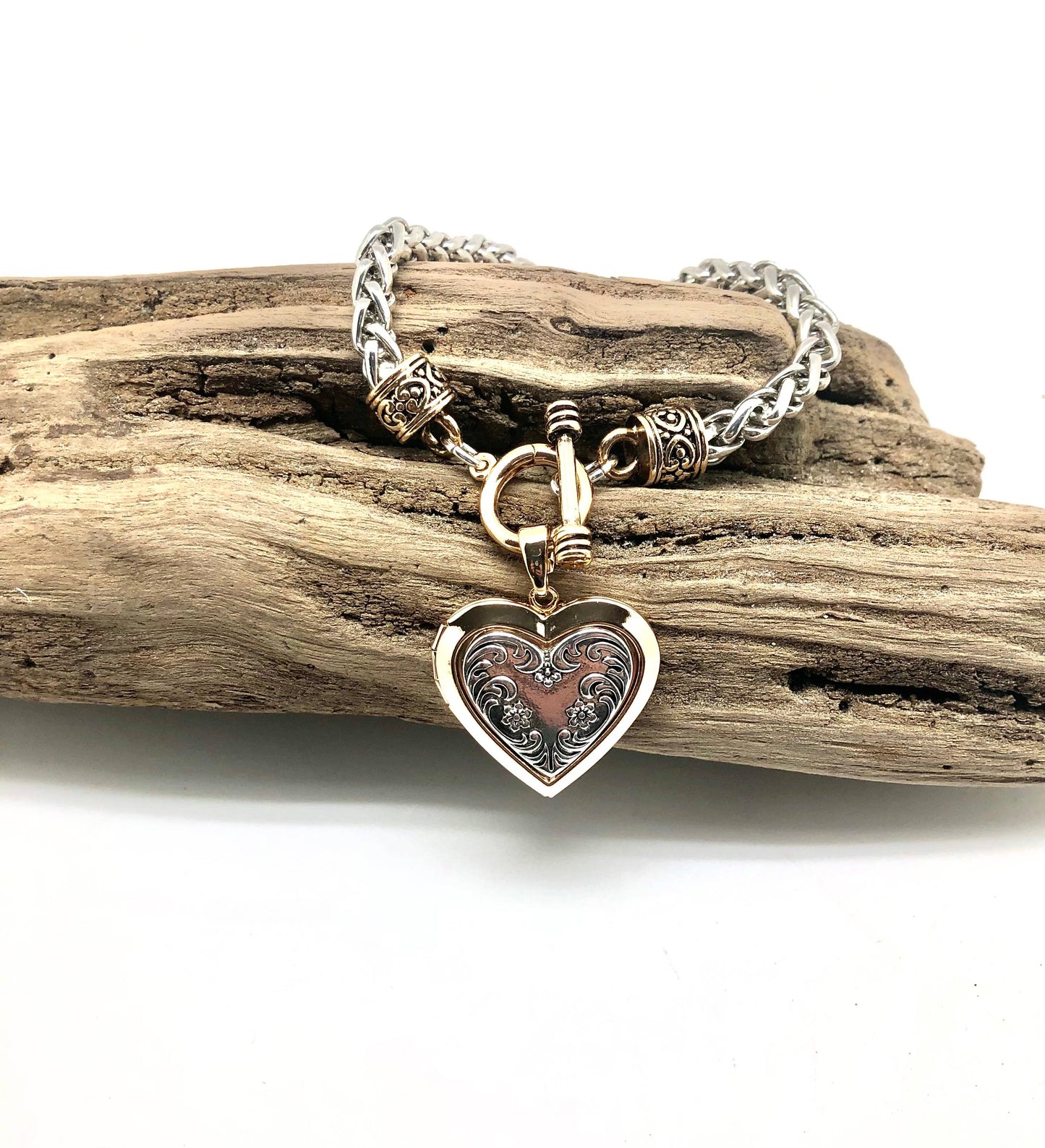 Bracelet Alloy Plated Rope Chain Two Tone w/Heart LocketGold