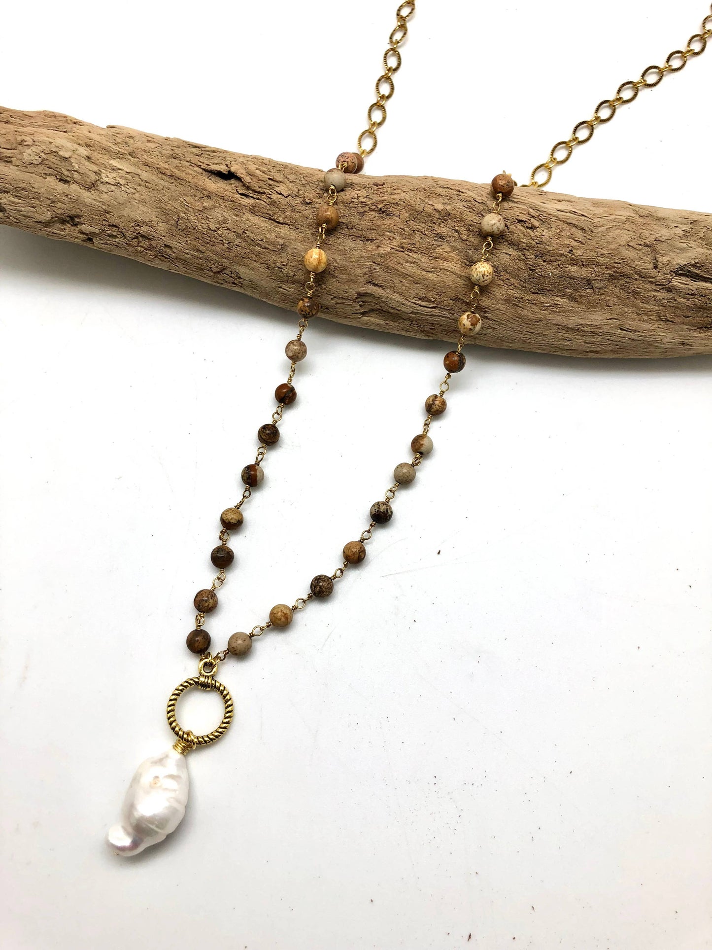 Necklace Long Picture Jasper(6mm) w/Baroque Pearl 34”