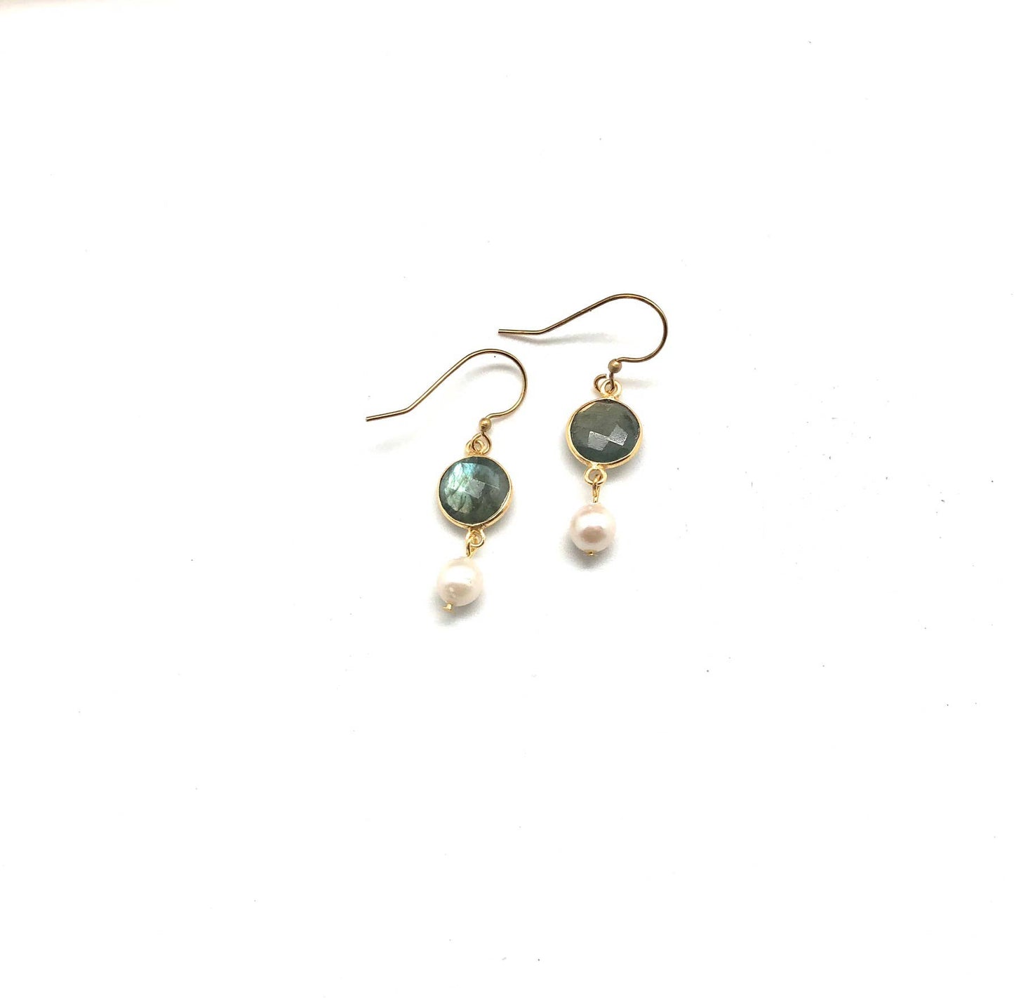 Earring Labrodite Bezel Glass Circle w/Freshwater Pearls