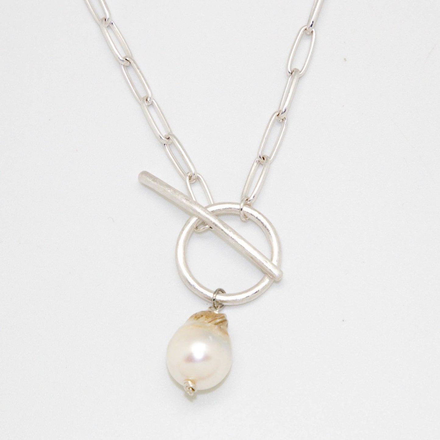 Necklace Paper Clip Matte Silver w/Baroque Pearl 18”