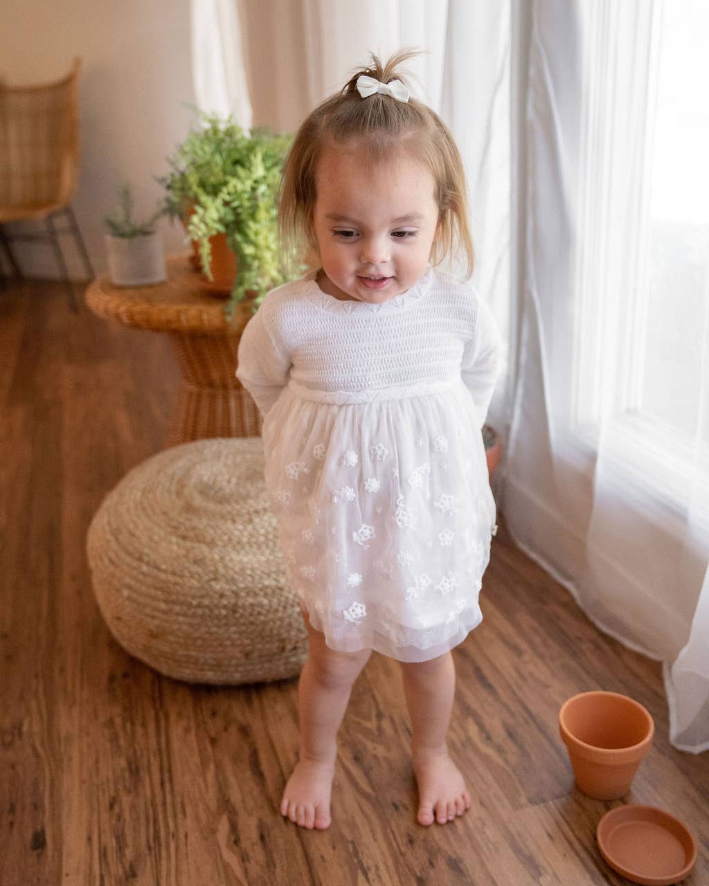 Milan White Floral Embroidered Tutu Knit Baby Dress Organic