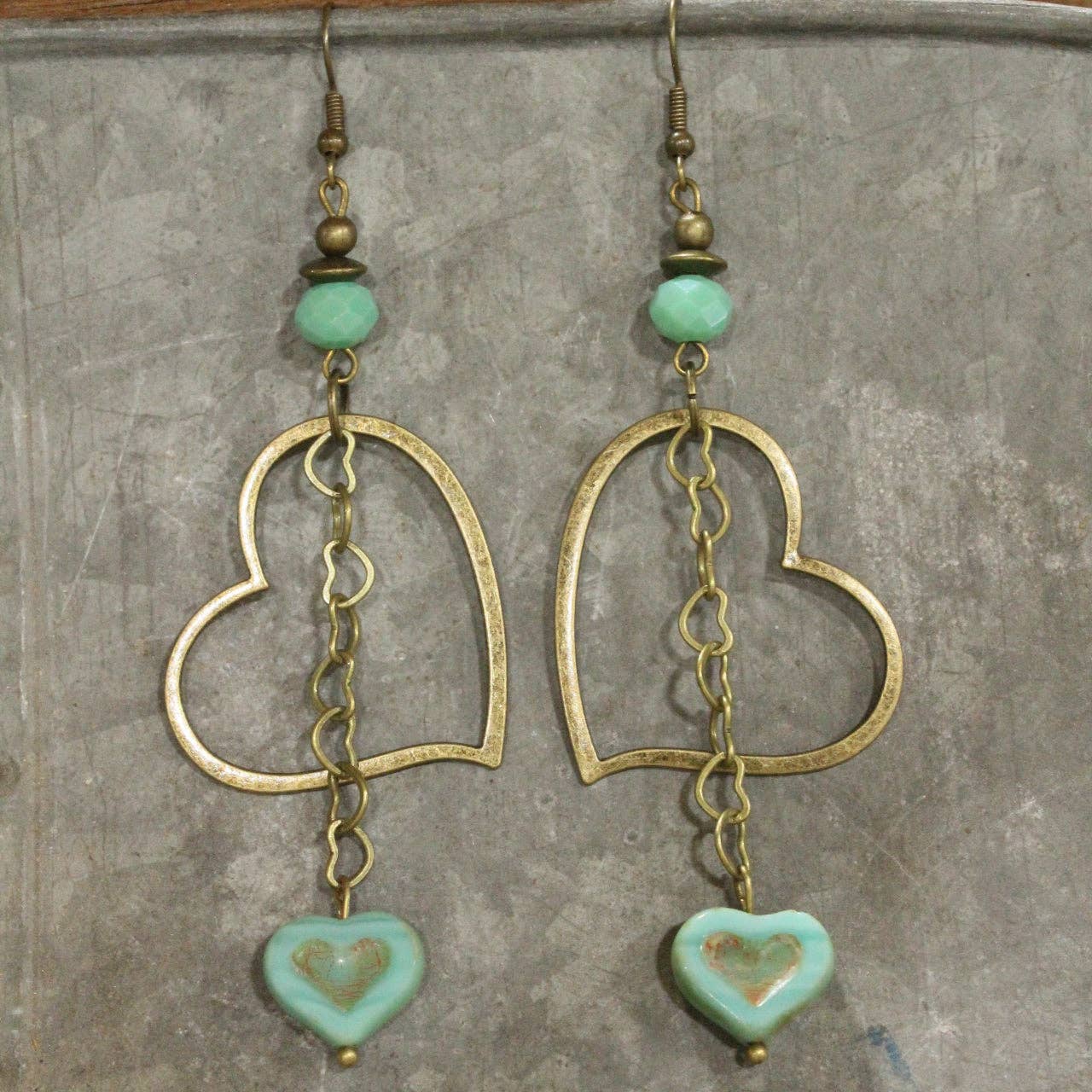 Turquoise Czech Heart Dangle Earrings