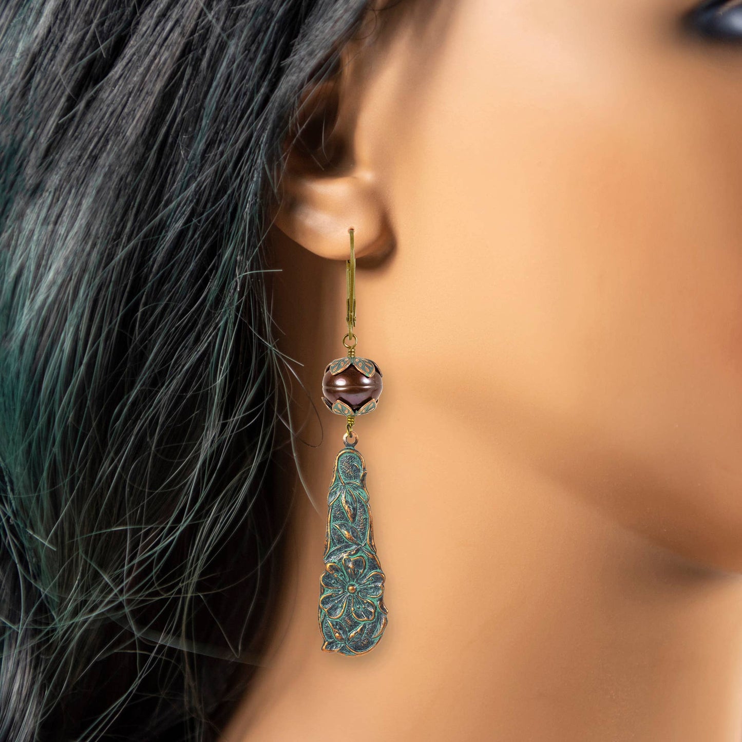 Pearl & Verdigris Flower Drop Earrings