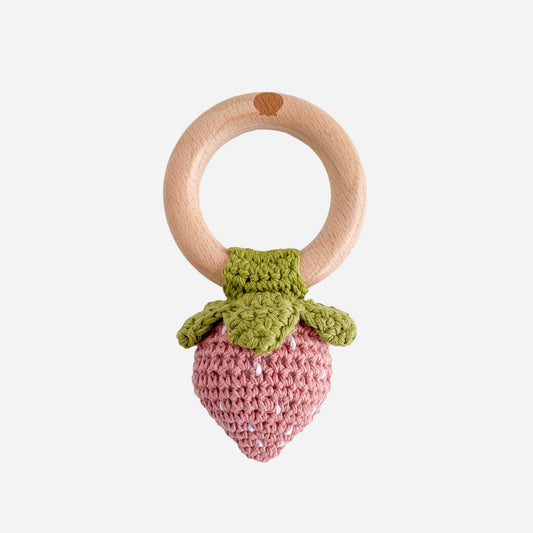 Crochet Rattle Teether Strawberry Pink Baby Toy Spring Summe
