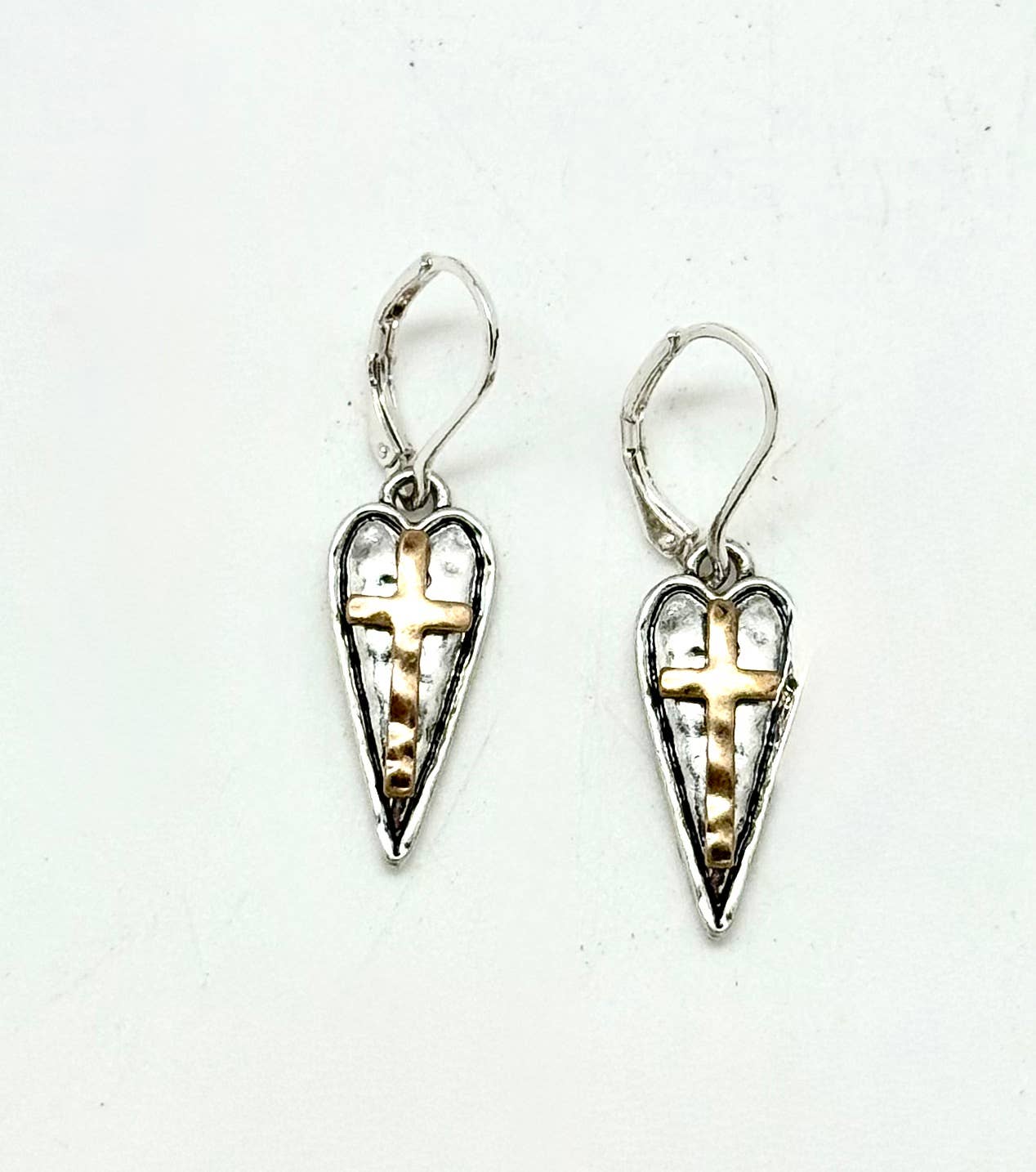 Earring Alloy Plated Heart w/Cross Drop w/Closed Hook