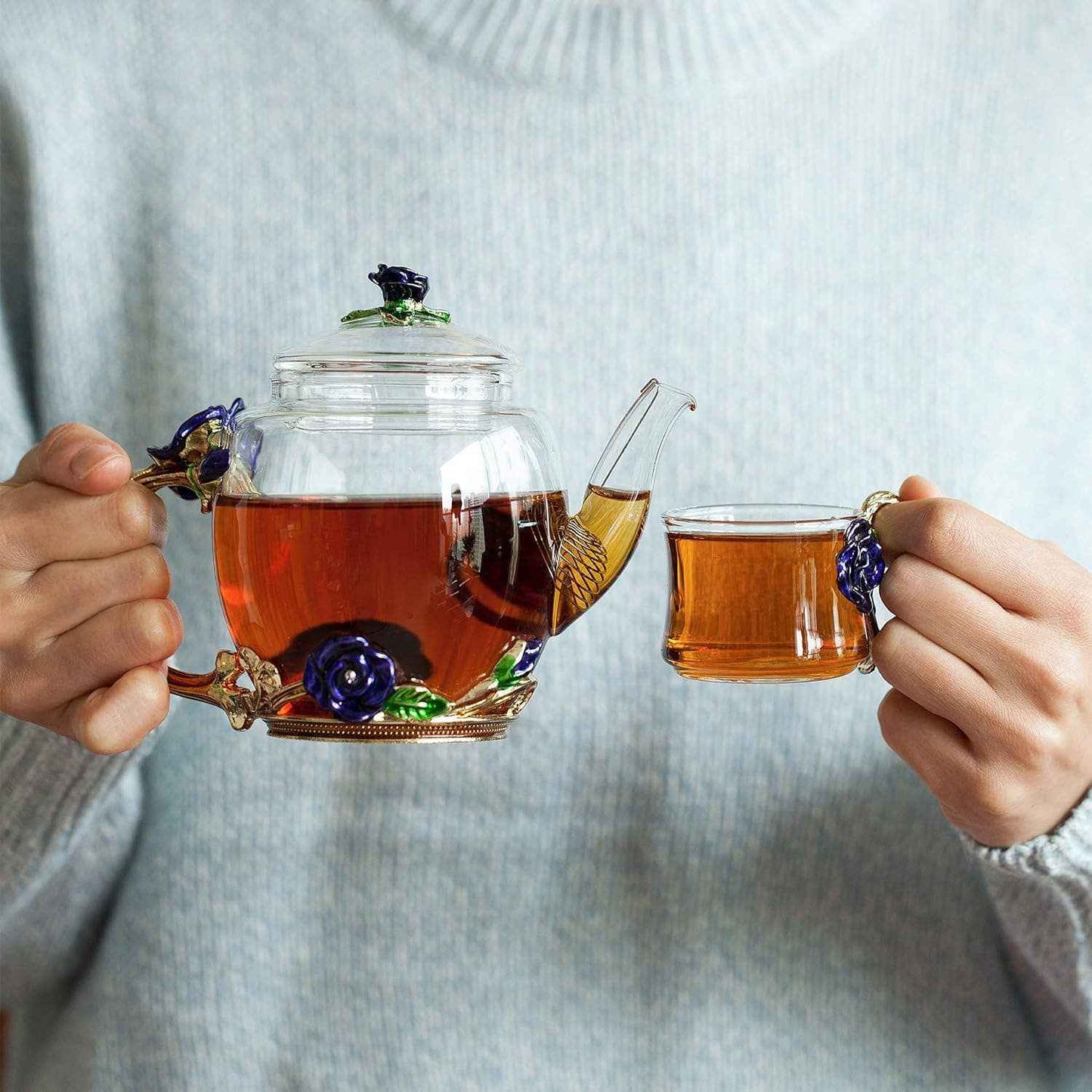 Floral Glass Tea Set with Teapot – 2 Cups