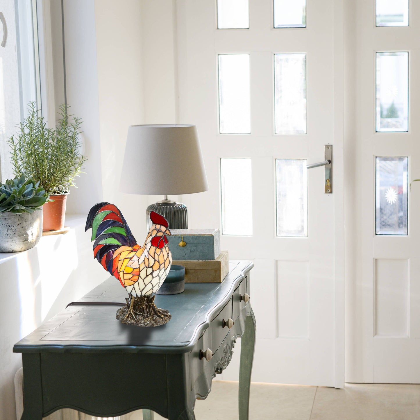 15"H Tiffany-style Rooster Multi-Color Novelty Accent Lamp