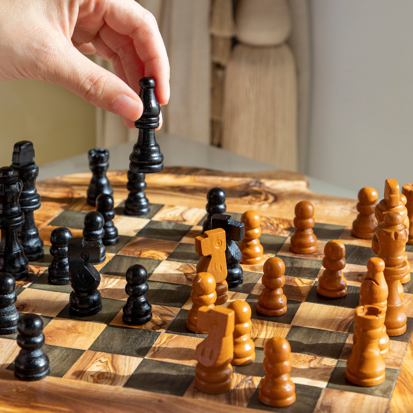 Olive Wood Chess Board – Black Squares Handmade
