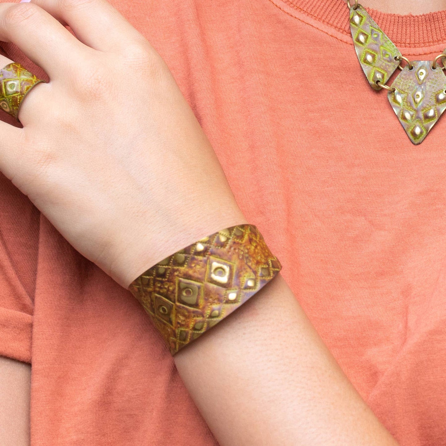 Brass Patina Bracelet - Burnt Orange Diamonds and Squares