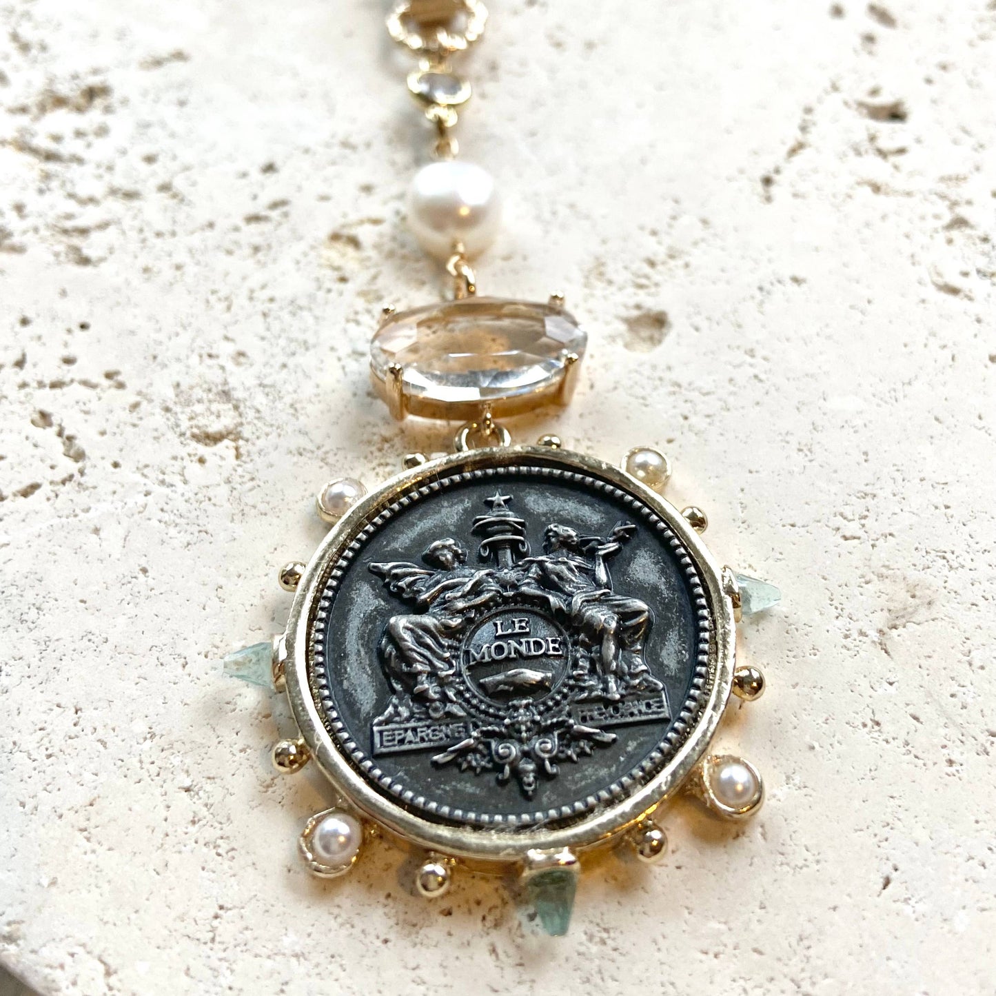 V French medallion coin horse Necklace