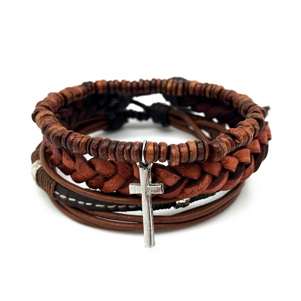 Conjunto de pulsera para hombre con cuentas marrones, cruz y cuero mixto.