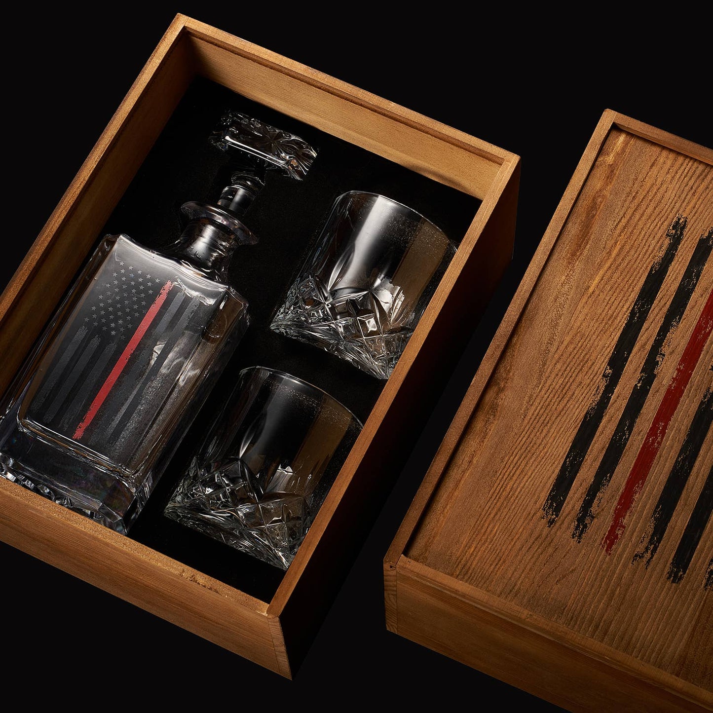 Firefighter Tactical Red Tattered American Flag Decanter Set