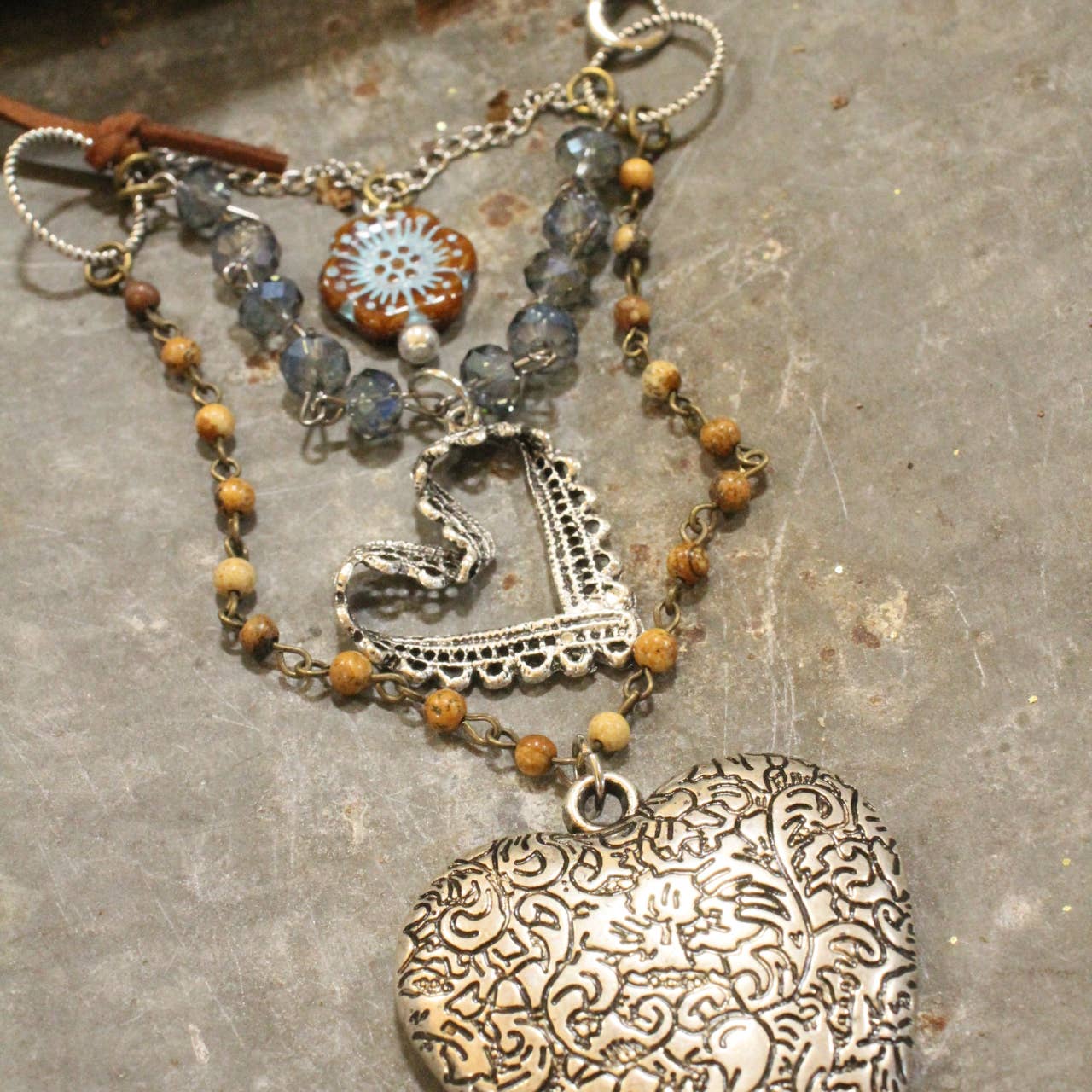 The Primitive Peddler, Inc. - Czech Flower & Leather Silver Heart Layered Necklace