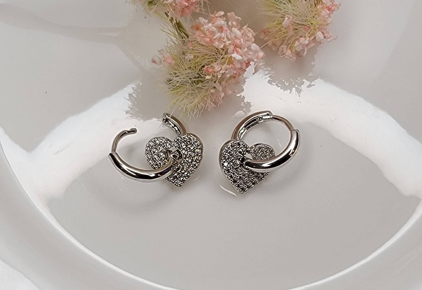 CZ HEART CHARM CLICKER EARRINGS.