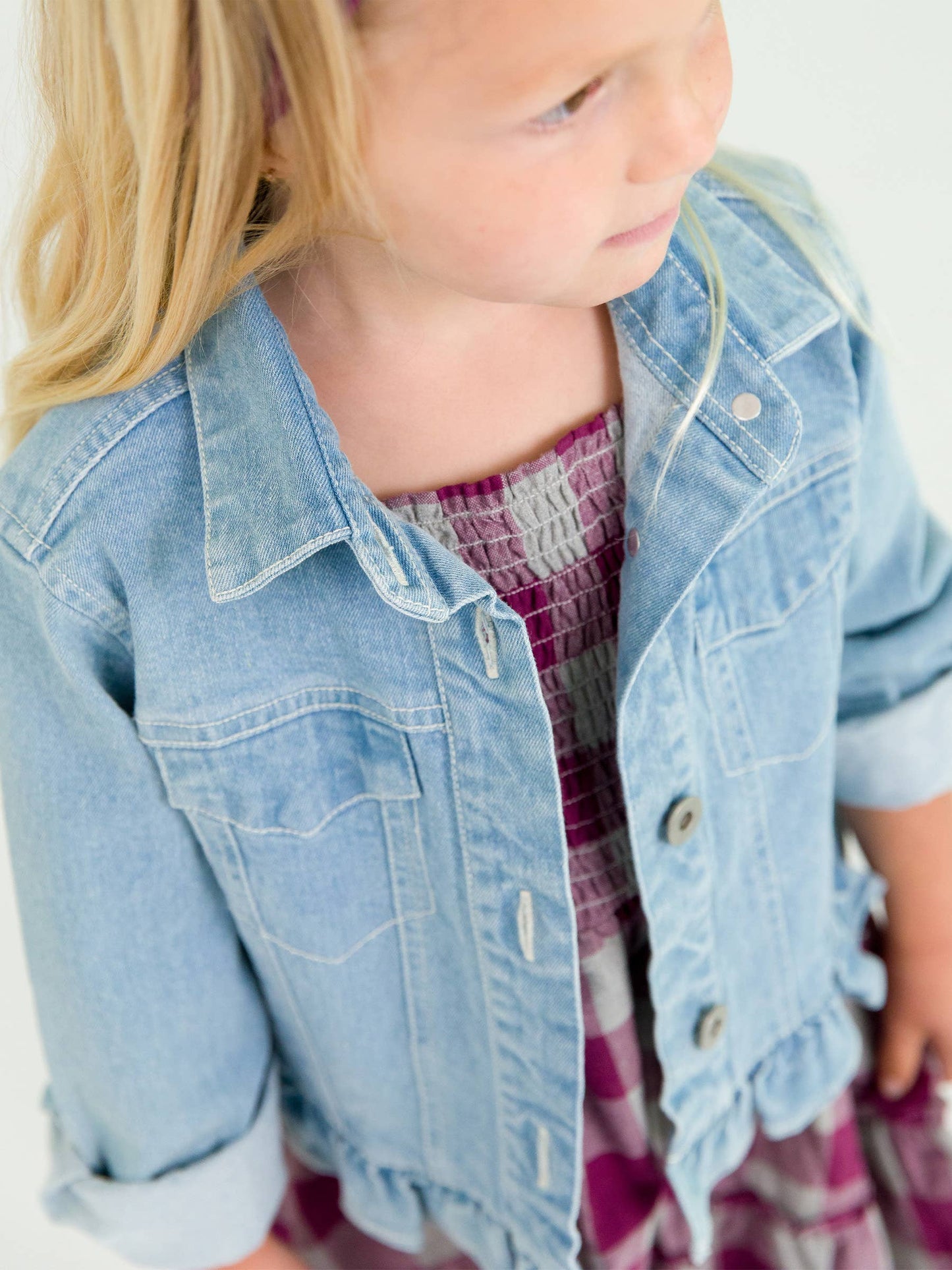 Girls Light Wash Ruffle Denim Jacket