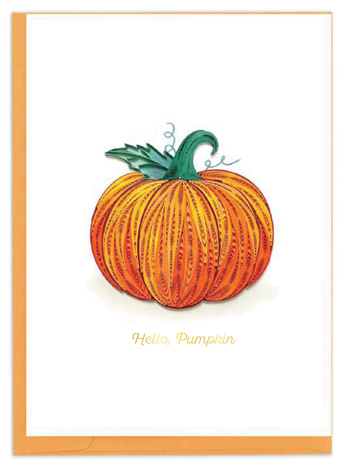 Decorative Pumpkin Greeting Card, A white card front with an orange and gold pumpkin made of fine scrolls, a teal-green stem and the words Hello, Pumpkin in gold script beneath it.