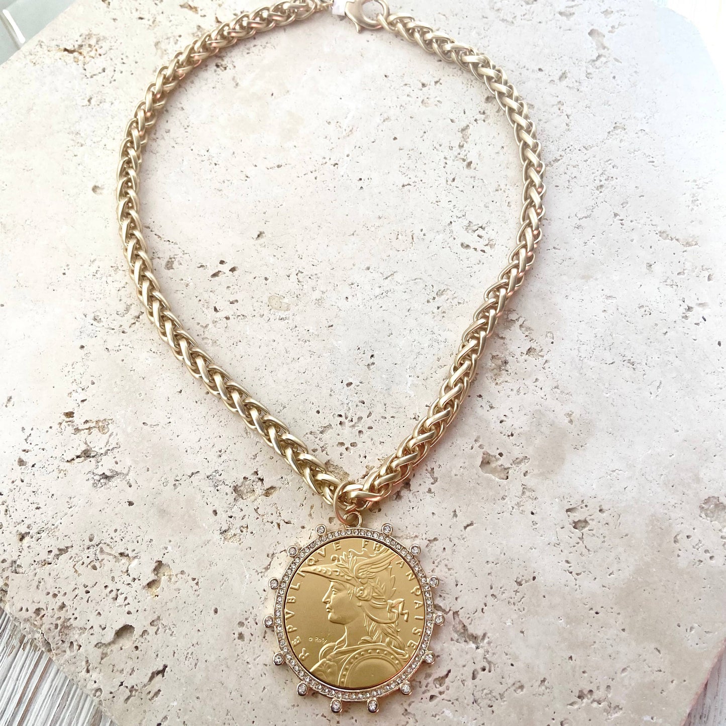 French coin necklace matte gold boutique