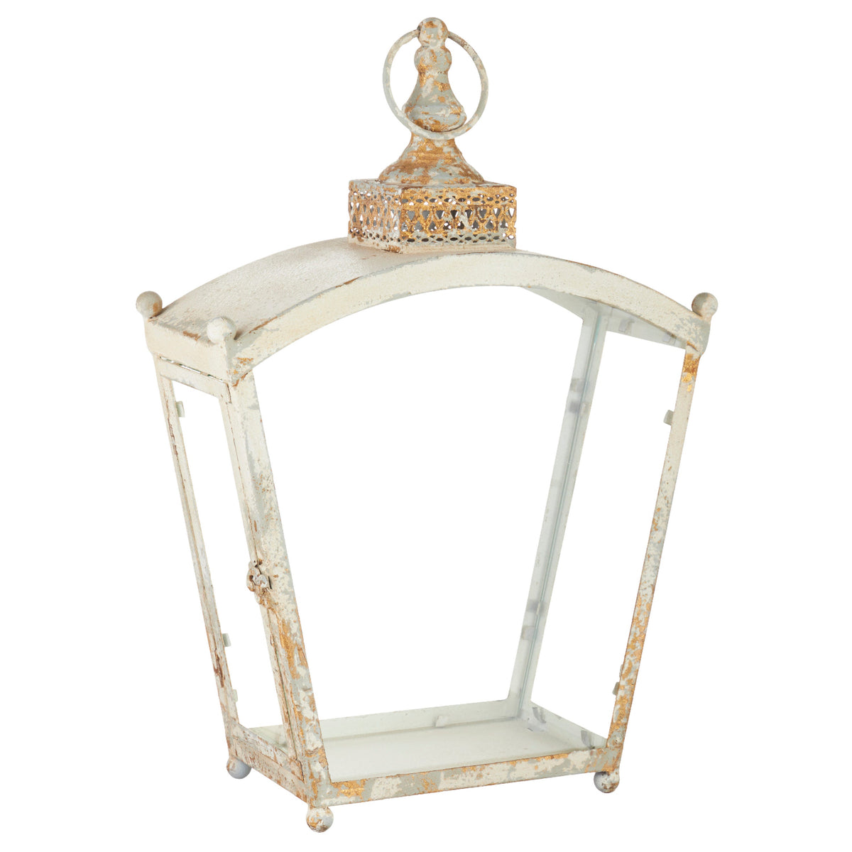 Distressed White Iron Lantern with Arched Top, A distressed white iron lantern with gold showing through the worn finish, an arched top, a pierced cap with a ring handle, glass panels and ball feet.
