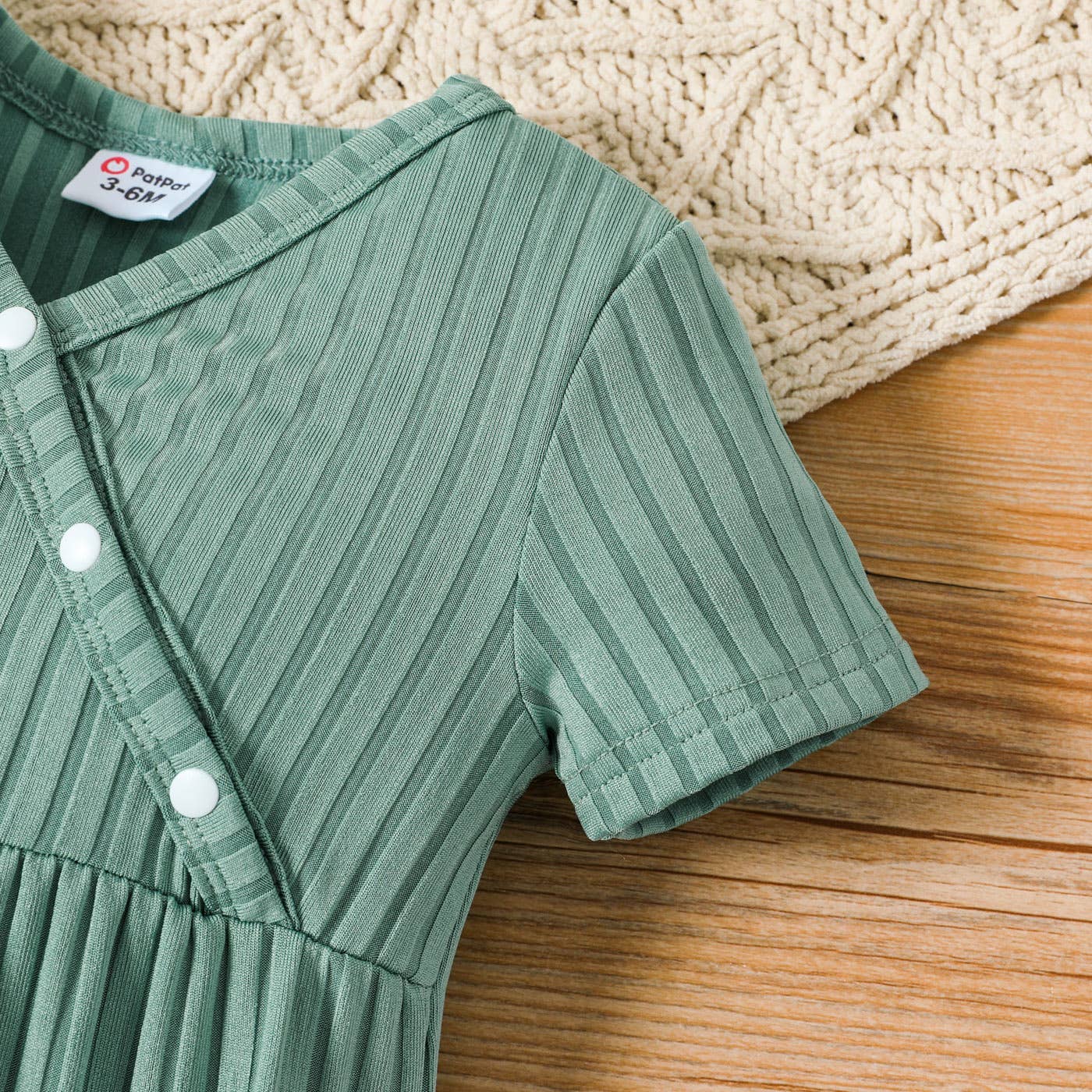 Baby Girl All Over Rabbit  Solid Ribbed V Neck Jumpsuit