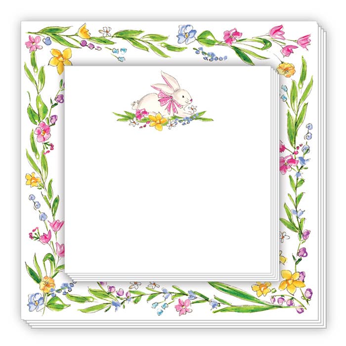 Bunny With Pink Bow And Spring Flowers Notepad Duo - RosanneBeck Collections