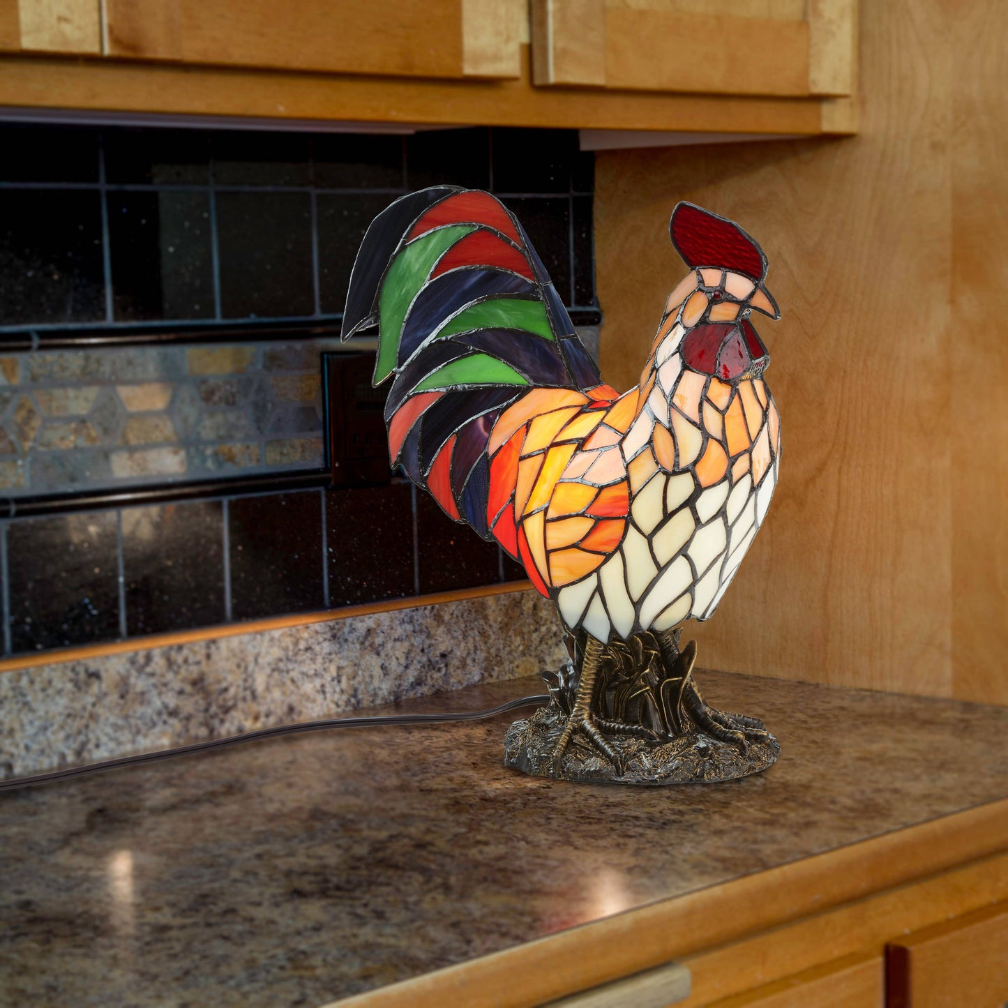 15"H Tiffany-style Rooster Multi-Color Novelty Accent Lamp