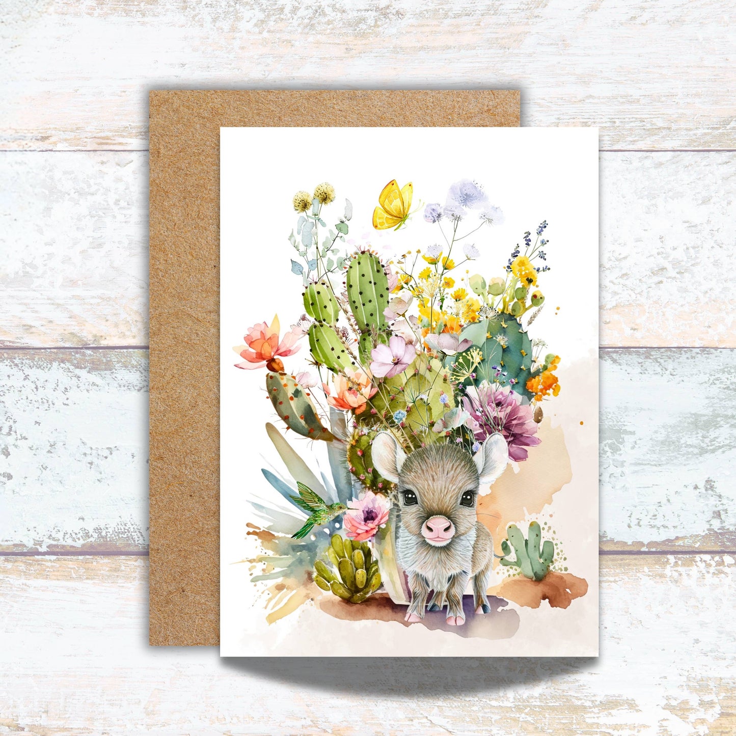 Baby Javelina in Cactus Blossoms Watercolor Greeting Card