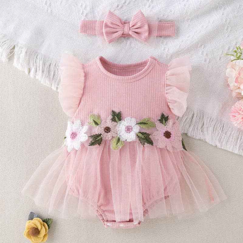 Mesh flowers embroidery flutter sleeve romper for baby girls: Pink / 80(9-12M)