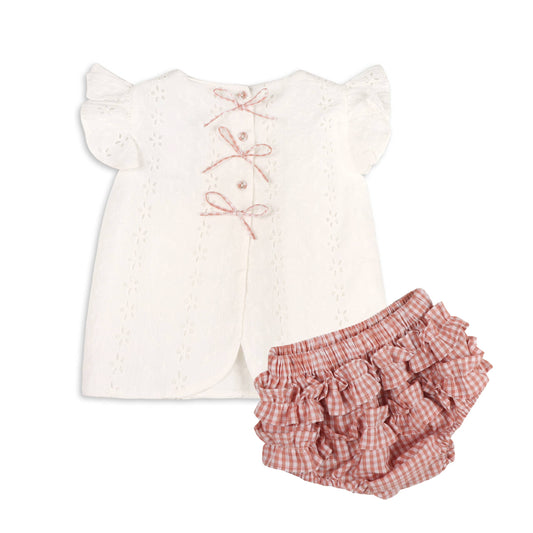 Milly Eyelet & Bow Baby Top + Ruffled Bloomer -Organic