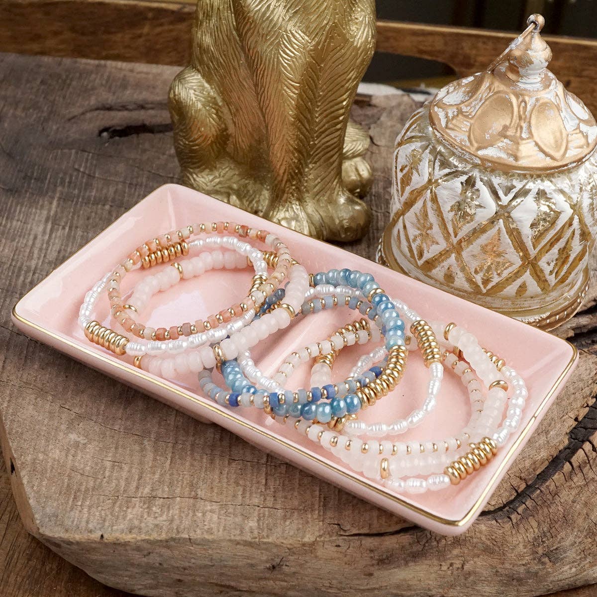 Trío de pulseras clásicas de cuentas: piedra natural, perlas y cristal