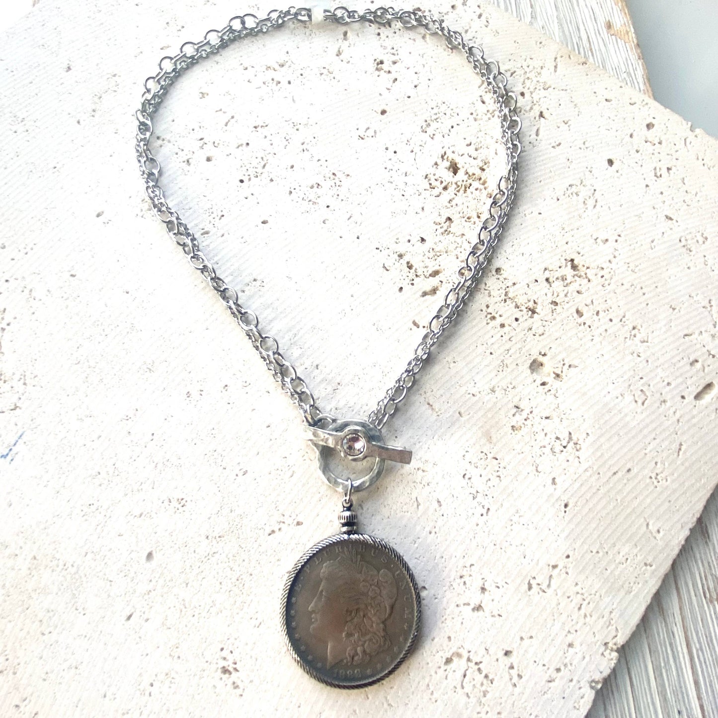 Coin Necklace crystal toggle vintage boutique style