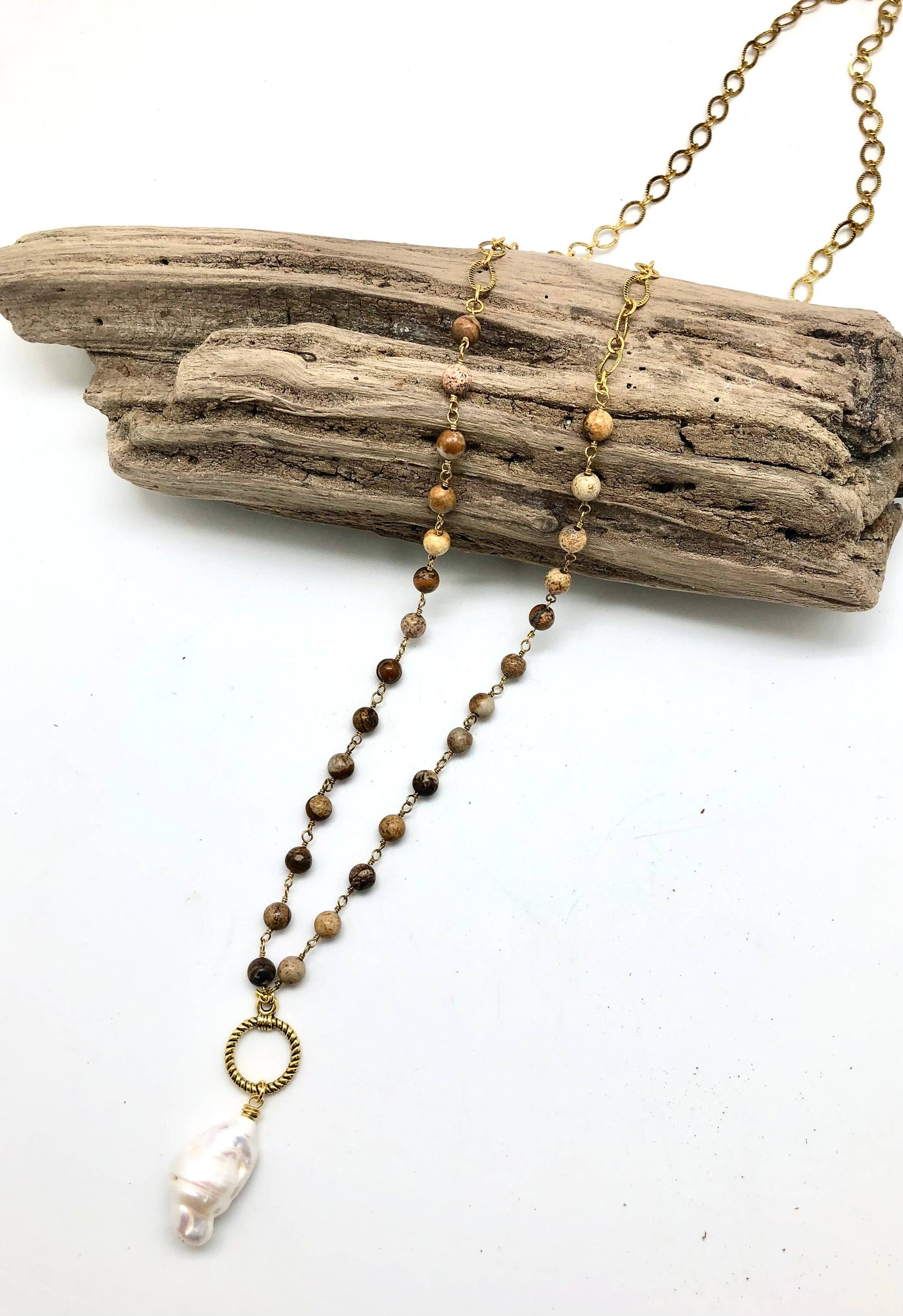 Necklace Long Picture Jasper(6mm) w/Baroque Pearl 34”