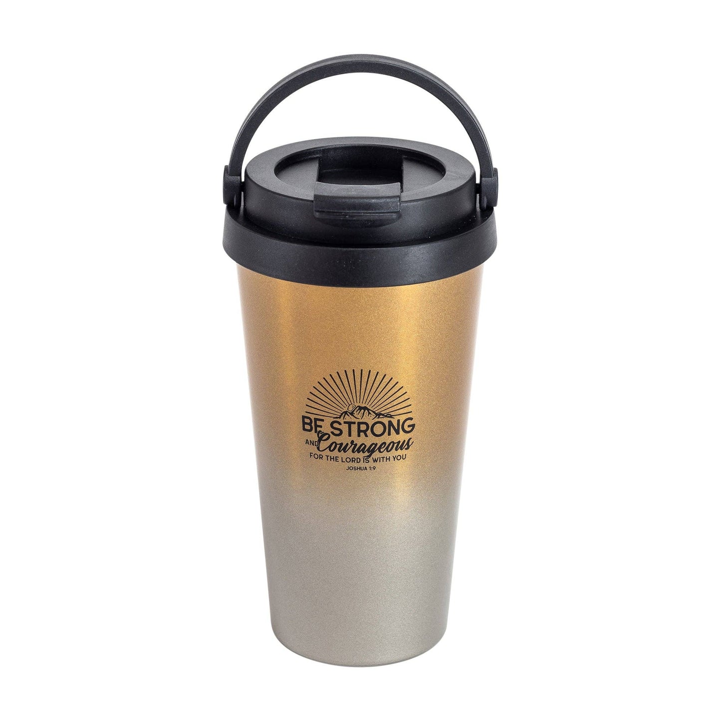 Divinity Boutique - Travel Mug - Be Strong & Courageous - Black Ink/Gold Mug