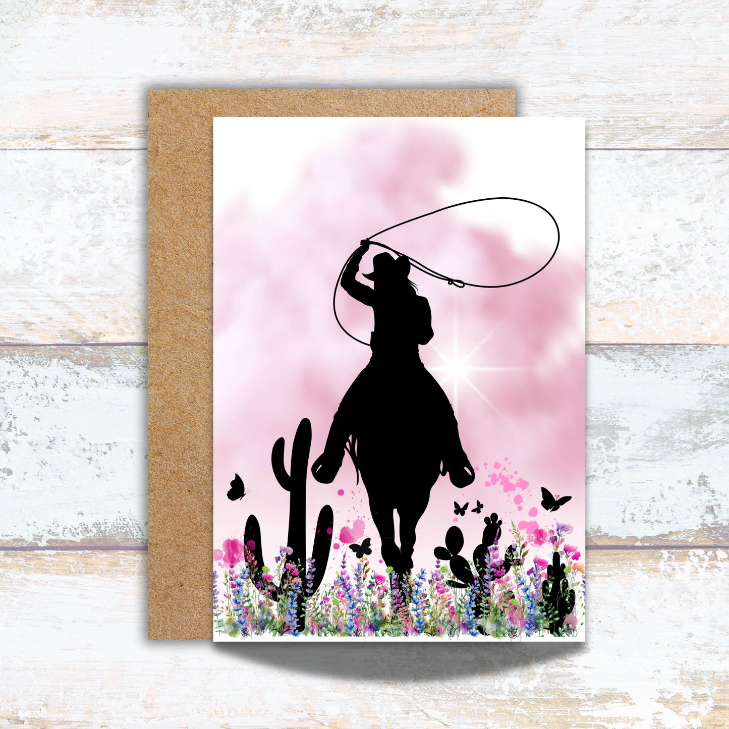 Cowgirl Riding Her Horse in the Pink Desert Watercolor Card