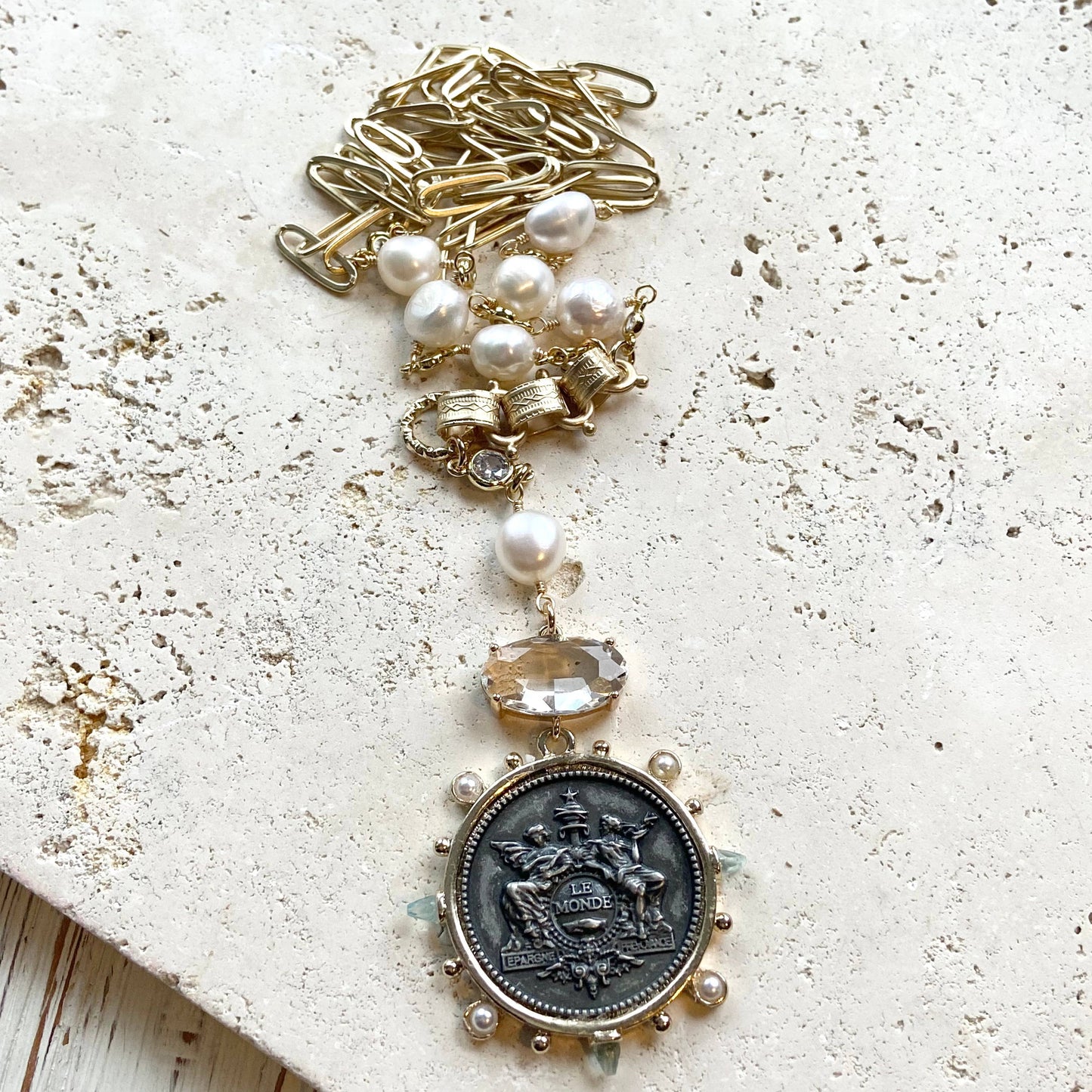 V French medallion coin horse Necklace