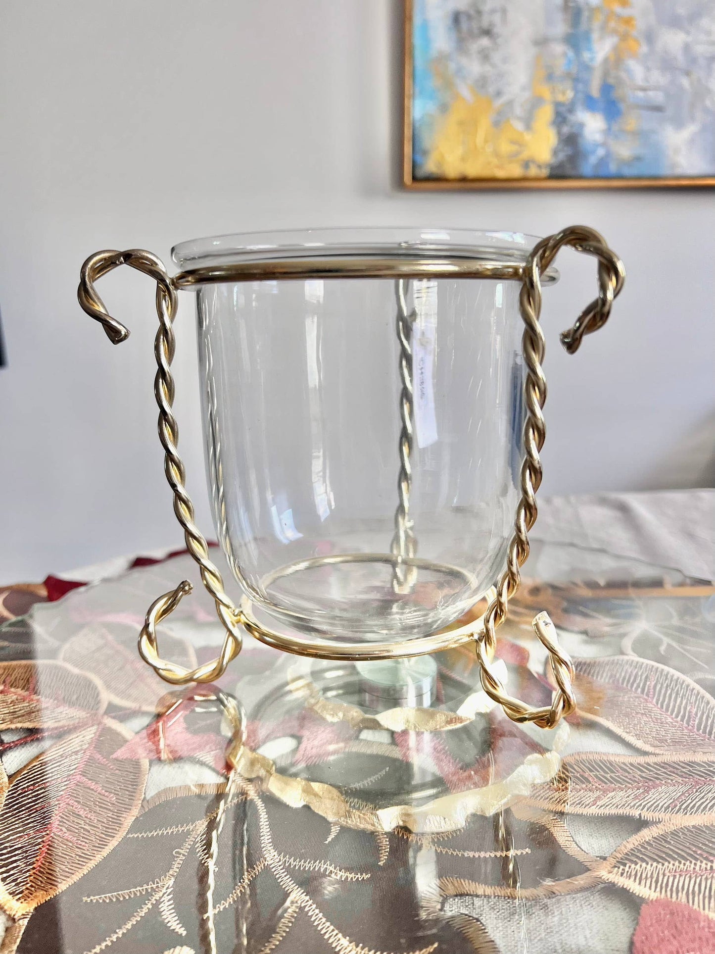 Glass Candle Holder on Gold Brass Stand, 4"